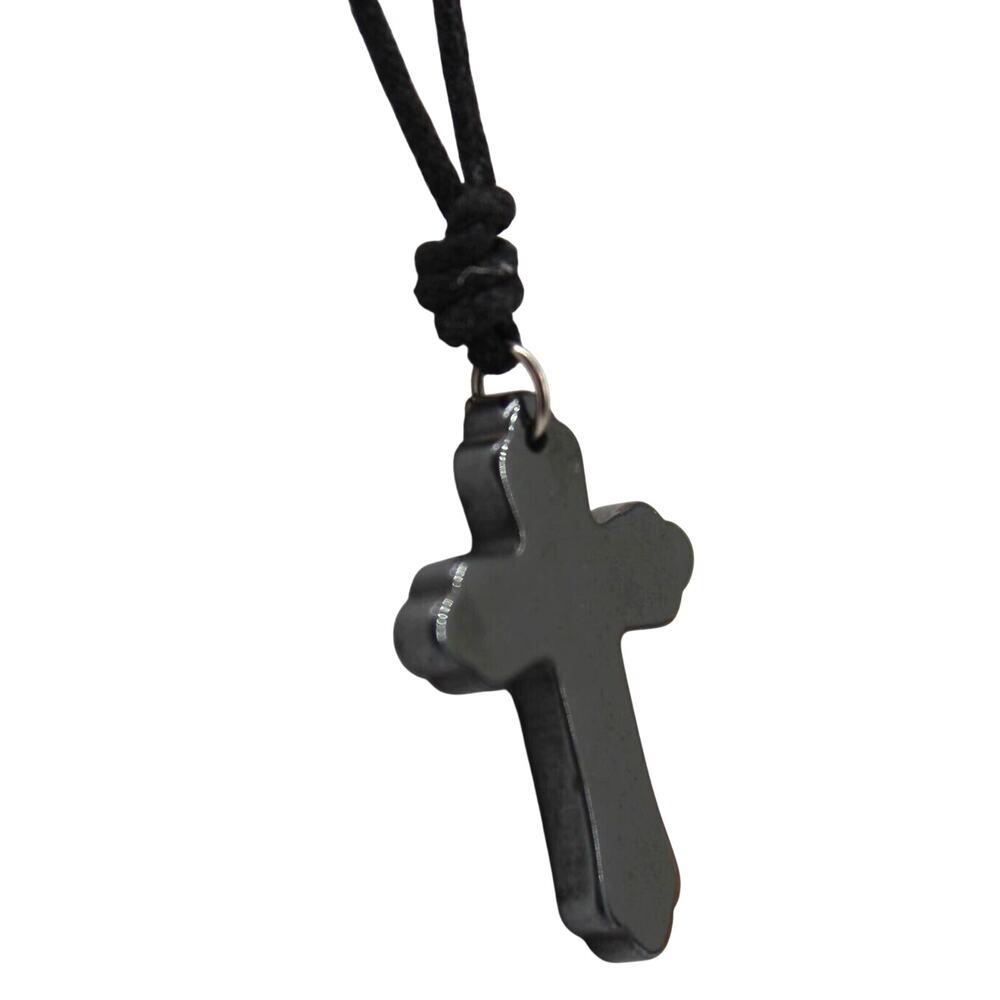 Vintage 1.25" Carved Hematite Cross Necklace • 22 " Black Cord